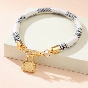 White & Black Braided Rope Bracelet w/ Gold Mini Handbag Charm